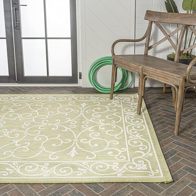 JONATHAN Y Vintage Filigree Indoor Outdoor Area Rug 9X12 Green/Cream, Charleston Textured Weave for Backyard, Patio, Porch, Easy-Cleaning, High Traffic, Pet-Friendly, Non-Shedding (SMB106H-9)