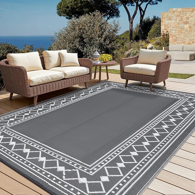 Garvee Outdoor Rug 8 x 10 Patio Waterproof, Foldable Reversible Plastic Straw Area Rugs Mat for Camper Decor, Outside Carpet for Rv, Deck, Porch, Picnic, Beach, Balcony (White/Grey)