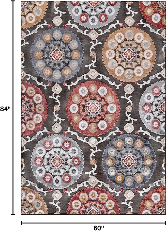CAMILSON Indoor Outdoor Rug 5x7 Bohemian Medallion Floral Area Rugs for Indoor and Outdoor Patios Easy-Cleaning Non-Shedding Living Room Garden and Kitchen Washable Outside Carpet (5 x 7 / Brown)