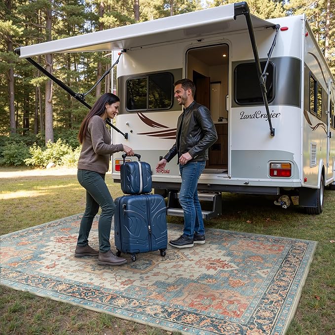 GENIMO Outdoor & Indoor Area Rug 5'x8', Waterproof, Non-Shedding, Easy Cleaning, Boho Mat for Patio, Living Room, Balcony, Dining Room, RV, Deck, Bedroom, Camping, Outside Carpet,Blue Salmon