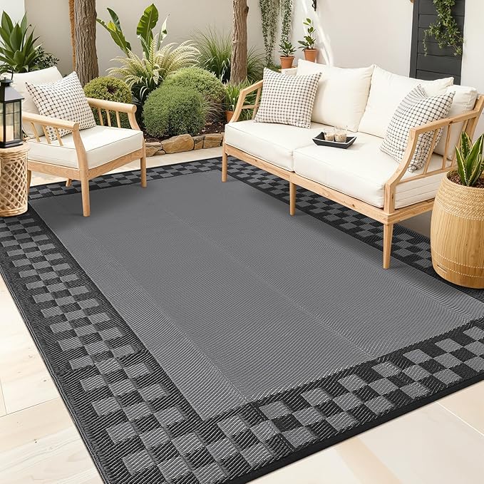 Garvee 8x10 Outdoor Waterproof Rug Reversible Modern Geometric Neutral Outdoor Patio Rug, Weather Resistant Plastic Straw Rugs Portable Camping Carpet for Garden Backyard Balcony,Gray & Black