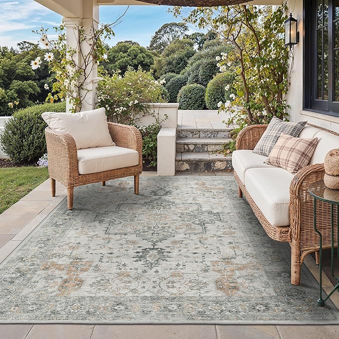 GENIMO Outdoor & Indoor Area Rug 4'x6', Waterproof, Non-Shedding, Easy Cleaning, Boho Mat for Patio, Living Room, Balcony, Dining Room, RV, Deck, Bedroom, Camping, Outside Carpet,Light Grey Brown