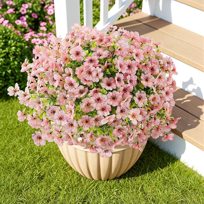 Artificial Flowers Outdoor Faux Plants UV Resistant Fake Patio Flowers Plastic Greenery Plnats Outside Bulk for Spring Garden Hanging Planter Home Vase Decor, 24 Bundles (Pink)