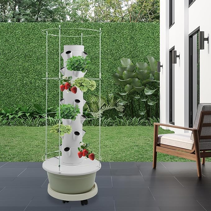Hydroponic Growing System Kit, Vertical Hydroponic Tower with Climbing Trellis, Indoor & Outdoor Herb Garden, Vegetable Tower with 28 Planting Pods for Tomatoes,Strawberries (White and Light Green)