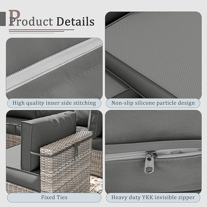 Outdoor Cushions for Patio Furniture with 5 Pillows, Waterproof Patio Furniture Cushions Replacement, 4" Deep Seat Outdoor Sectional Cushions for 4-seat Patio Furniture Chair Sofa Couch,Light Grey