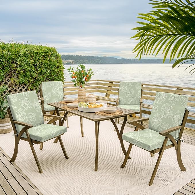 Arden 2-Pack Outdoor Patio Dining Chair Cushion, 20x44, Rain-Proof Seat Pad, Fade-Resistant Outdoor Cushion Coastal Green Leaf