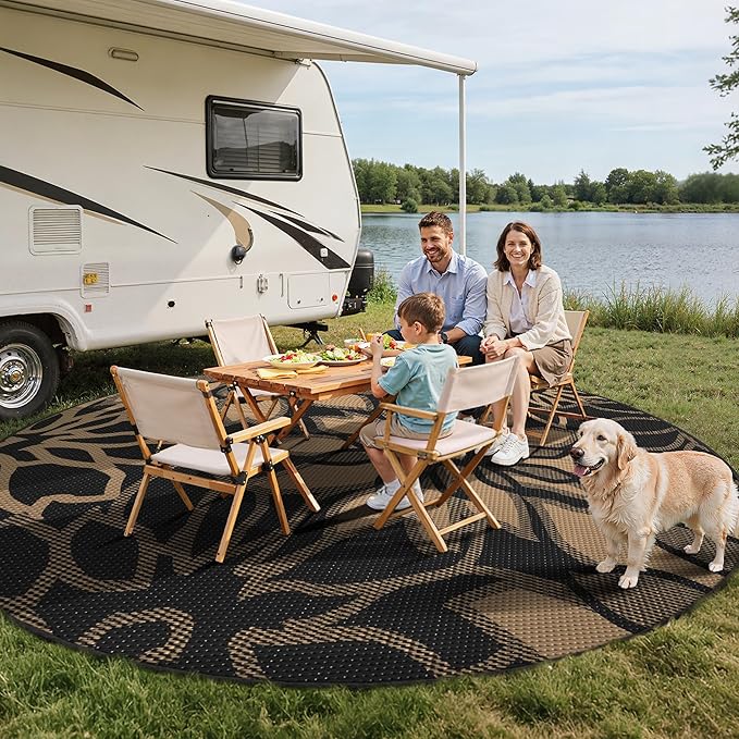 GENIMO Outdoor Rug Waterproof for Patio Decor, 10' Round Reversible Plastic Straw Floral Camping Carpet, Large Area Rugs Mats for RV, Camper, Deck, Balcony, Porch, Beach, Picnic, Black & Brown