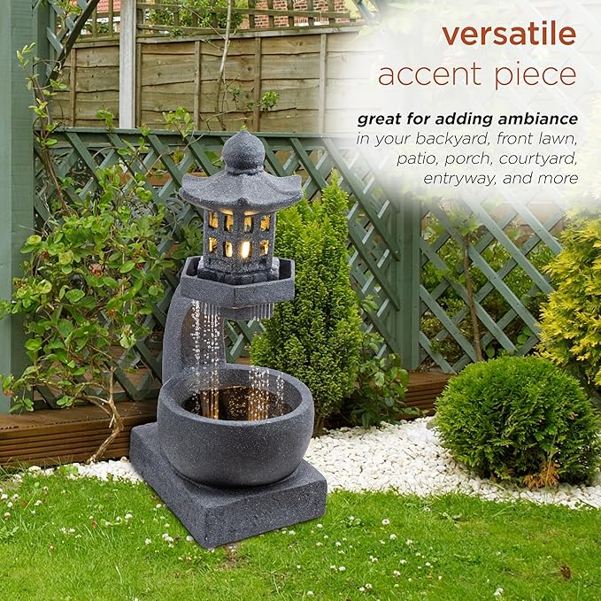 Alpine Corporation DIG370 31" Outdoor Zen Pagoda Water Fountain with LED Lights & Illuminated Stone Bowl – Tranquil Garden Water Feature for Relaxation and Ambiance, Gray