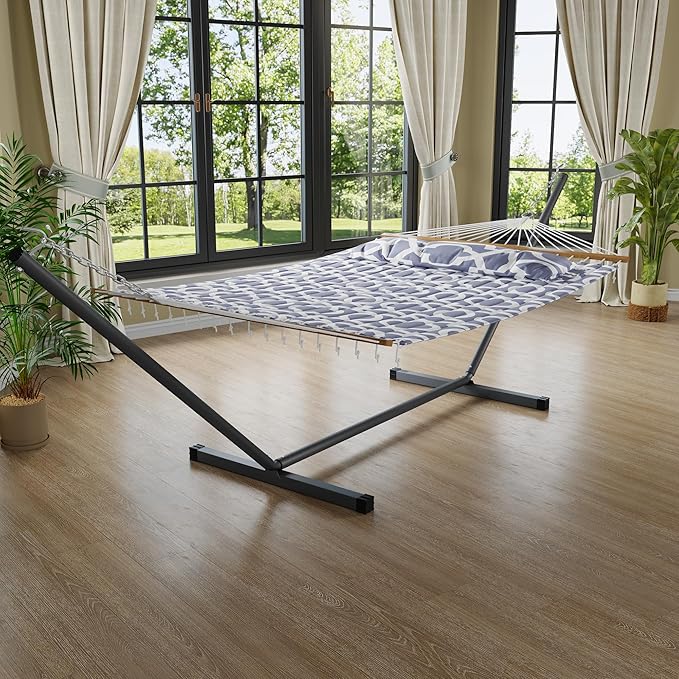 GarveeLife 57" 2 Person Outdoor Hammock, Widening Design Cotton Hammock with Metal Stand, Heavy Duty Construction, 450 LBS Weight Capacity, Light Grey