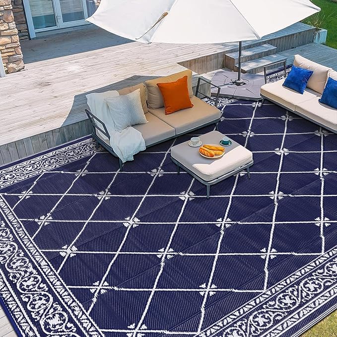 HiiARug Outdoor Rug 8'x10' for Patios Waterproof Patio Rugs Outdoor Mats for Front Porch,Beach Mat,Reversible Plastic Straw Camping Rugs for Outside RV,Deck,Balcony,Backyard Navy Blue