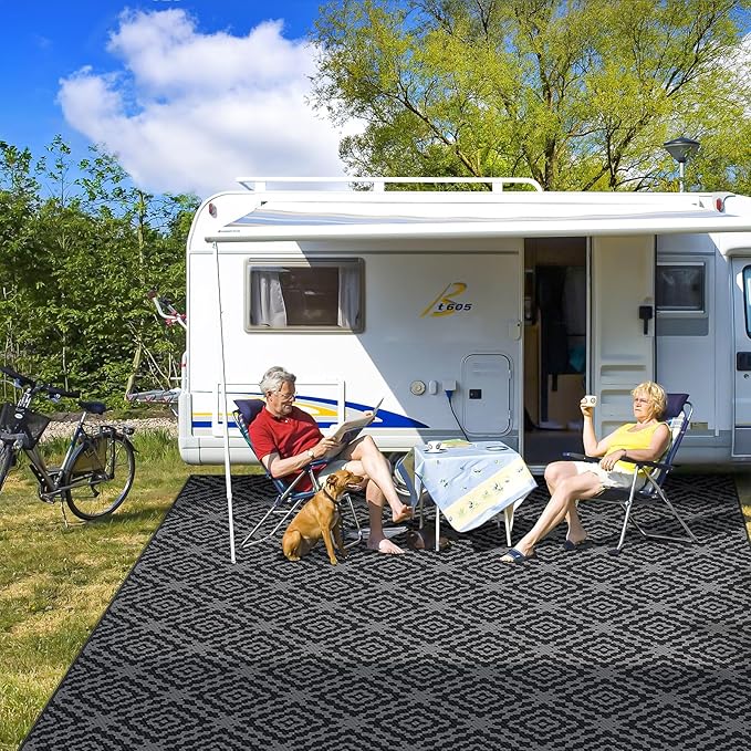 GOTGELIF Outdoor Camping Rug Waterproof 9x18FT, Large Reversible Stain&UV Resistant Plastic Straw RV Rug for Outside Patio Pool Deck Beach Indoor, Area Carpet Mat with Portable Bag&4 Stakes-Black Grey