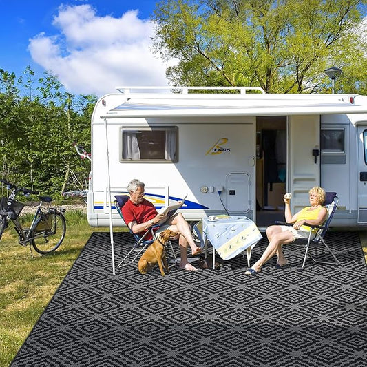 GOTGELIF Outdoor Camping Rug Waterproof 9x18FT, Large Reversible Stain&UV Resistant Plastic Straw RV Rug for Outside Patio Pool Deck Beach Indoor, Area Carpet Mat with Portable Bag&4 Stakes-Black Grey