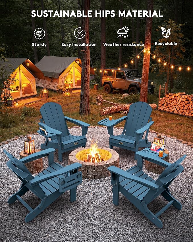SERWALL Foldable Adirondack Chair Set of 2, Adirondack Chairs with 4 in 1 Cup Holder, Weather Resistant Plastic Chair for Patio Garden Outdoors Fire Pit-Blue