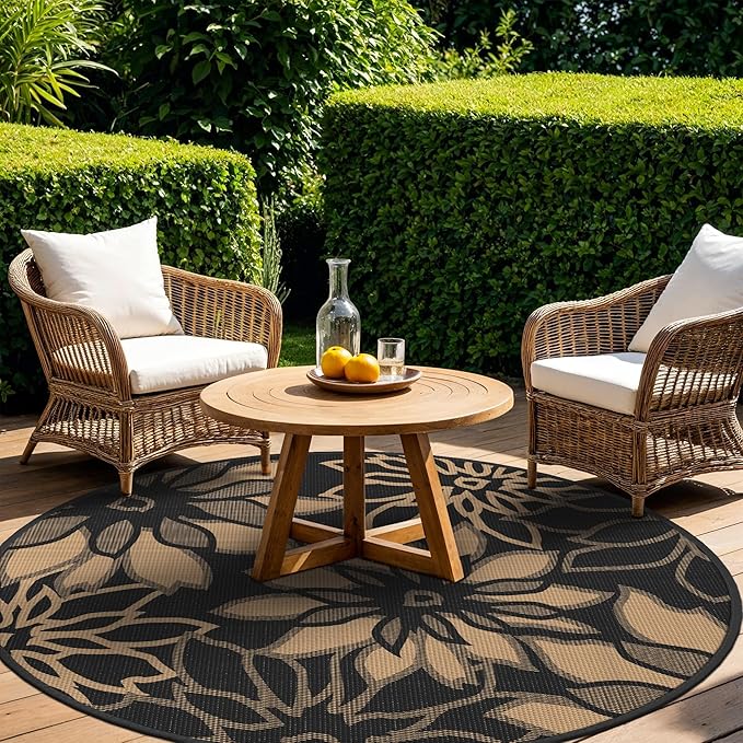 GENIMO Outdoor Rug Waterproof for Patio Decor, 10' Round Reversible Plastic Straw Floral Camping Carpet, Large Area Rugs Mats for RV, Camper, Deck, Balcony, Porch, Beach, Picnic, Black & Brown