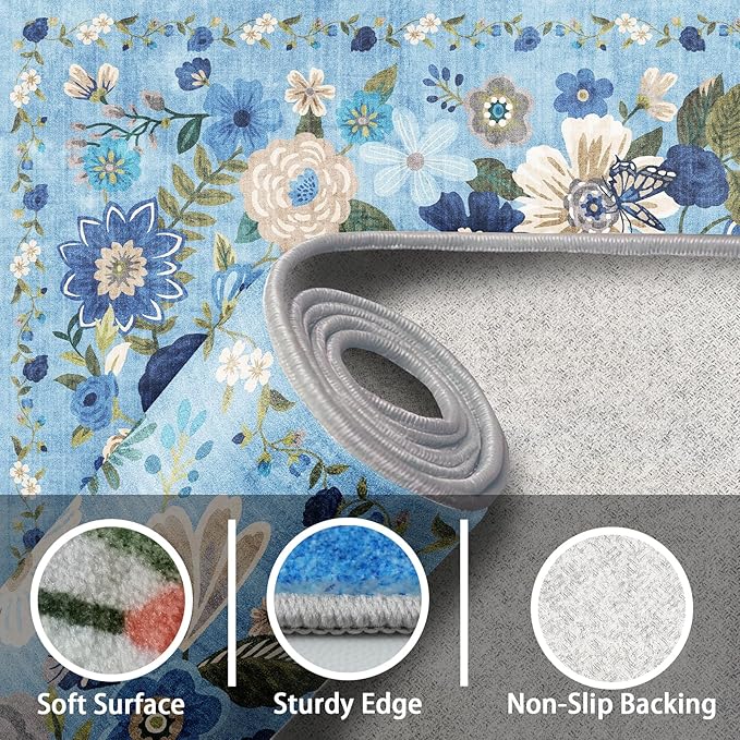 Living Room Rugs, Area Rugs 5x8 Rug for Bedroom Ultra-Thin Soft, Non-Slip Washable Rugs Stain Resistant Boho Rug Low-Pile Throw Rug for ‎Dining Room Office (5 x 8, Blue Garden)