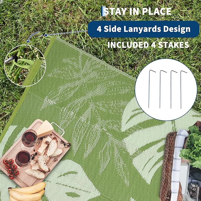 9x12 Outdoor Rug Waterproof Foldable Plastic Straw Carpet for Patio Porch Modern Leaf Print Reversible Mat Lightweight Floor Mat for Picnic, Backyard, Rv, Beach, Deck, Camper, Balcony，Green