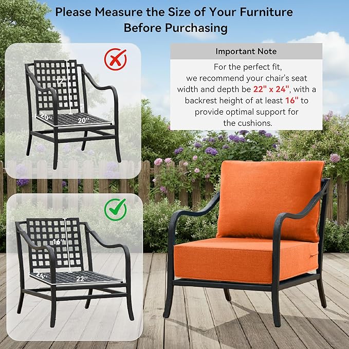 6" Thick Outdoor Cushions 22x24x6, 8-Set Deep Seat Patio Cushions with Removable Cover, Waterproof & Fade Resistant Replacement for Wicker Chair, Loveseat, Sofa - Orange