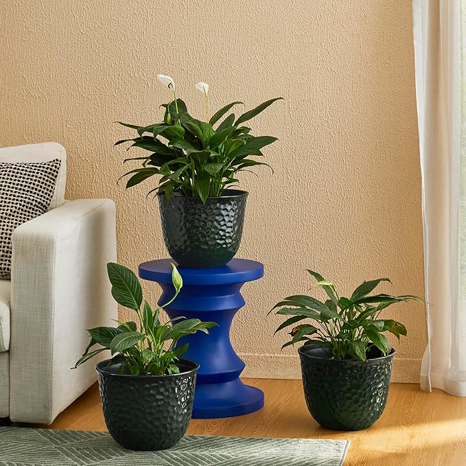 Glitzhome Round Faux Ceramic Planter Pots, 11.75" D Honeycomb Textured Tall Outdoor Planters with Drainage Hole, Gradient Green Outdoor Flower Pots, Plastic Large Planters for Porch, Garden, Set of 3