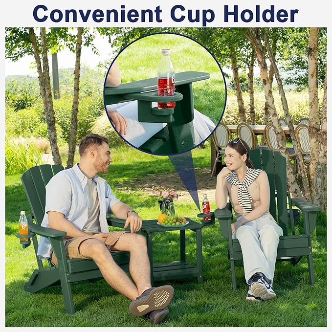 Plawdlik Folding Adirondack Chair Set of 6 with Cup Holder，Wooden Textured ，Heavy All-Weather HDPE Comfortable Set Poolside Backyard Lawn, Green