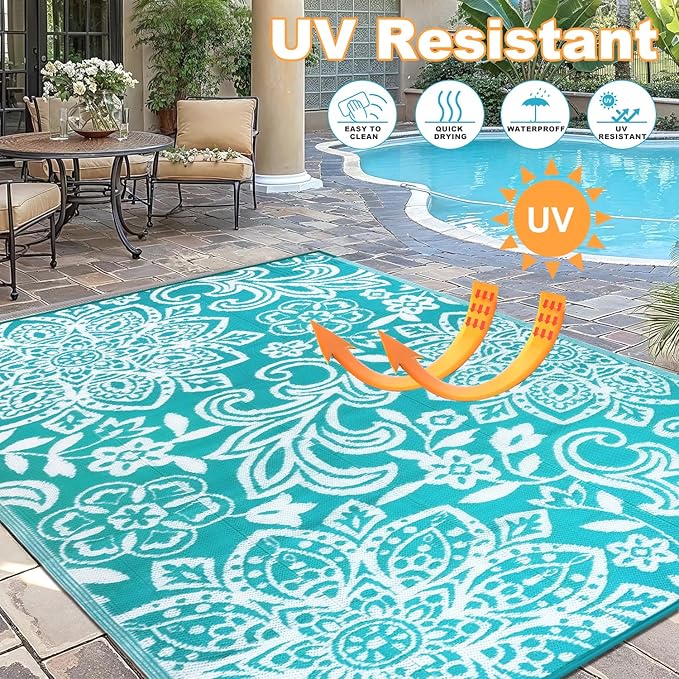 Findosom Waterproof Outdoor Rug 8' x 10' - Reversible Mandala Outdoor Plastic Straw Rug, Durable Foldable Patio Rug for RV, Deck, Balcony, Backyard, Picnic, Porch, Camping, Beach, Blue