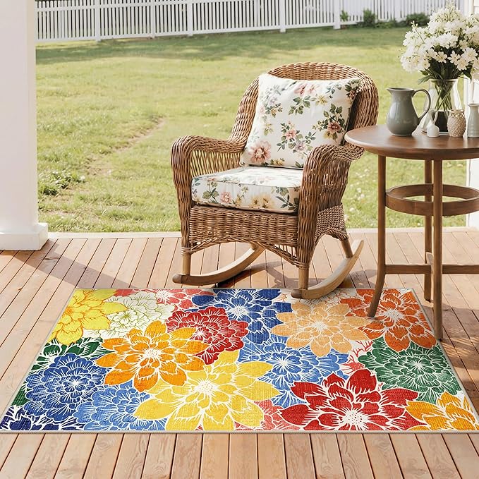GENIMO Indoor Outdoor Area Rug for Entryway, 3'x5' Entry Rugs Door Mat, Machine Washable, Waterproof, Non-Slip, Easy Cleaning, Floral Outdoor Carpet for Patio Balcony Bedroom Kitchen Deck, Colorful