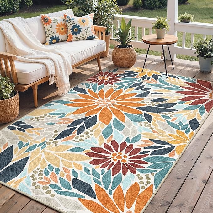 GENIMO Indoor Outdoor Area Rug 6'x9', Machine Washable Rugs for Patio, Waterproof, Non-Slip Easy Cleaning Floral Outdoor Mat Carpet for Living Room, Bedroom, RV, Balcony, Deck, Camping, Orange