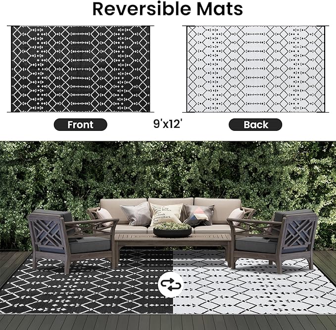 Smiry Outdoor Rug 9x12 ft, Waterproof Reversible Plastic Straw Rugs, Boho Outdoor Area Rug, Outside Floor Mat for Patio, Backyard, Deck, Picnic, Beach, Camping, Black