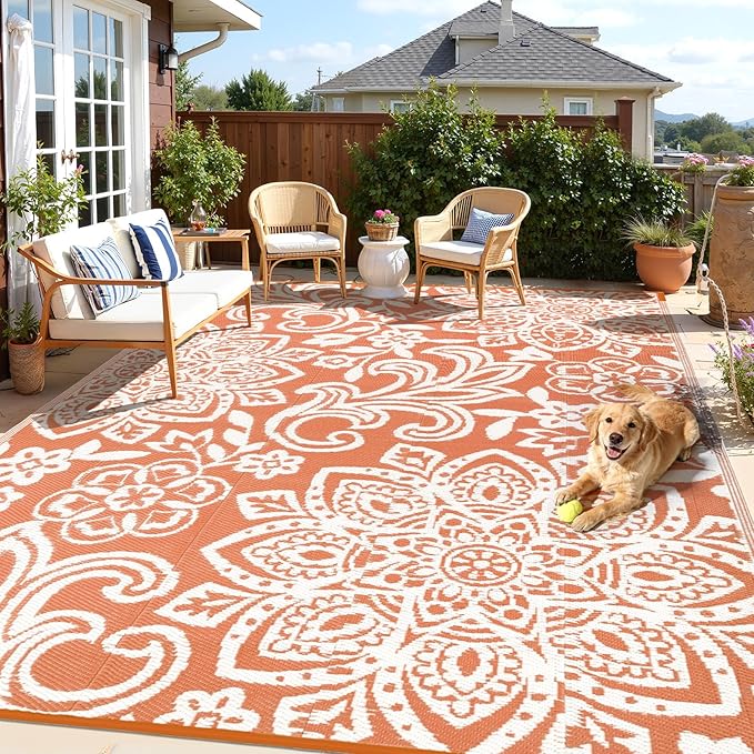 Findosom Waterproof Outdoor Rug 8' x 10' - Reversible Mandala Outdoor Plastic Straw Rug, Durable Foldable Patio Rug for RV, Deck, Balcony, Backyard, Picnic, Porch, Camping, Beach, Orange