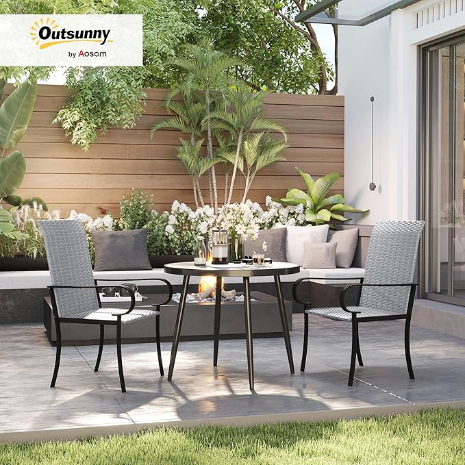 Outsunny Set of 2 Outdoor Wicker Dining Chairs, All-Weather Rattan Armchairs with Armrests, Steel Frame, High Back and Deep Seating, for Garden, Patio, Deck, Yard, Poolside, Gray