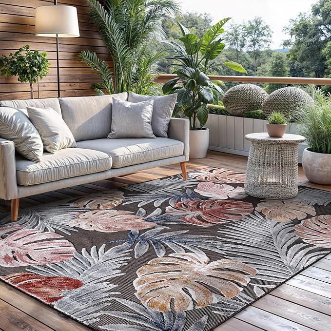 CAMILSON Indoor Outdoor Rug, Brown 4x6 Leaf Tropical Botanical Area Rugs for Indoor and Outdoor patios, Easy-Cleaning Non-Shedding Living Room, Garden and Kitchen Washable Outside Carpet (4 x 6)
