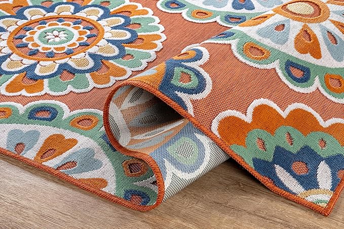 Outdoor Rug 8x10 Washable Area Rugs Indoor Outdoor Carpets Orange Bohemian Medallion Non Shedding Waterproof Easy Clean Patio Deck Porch Living Room Bedroom Garden RV (8 X 10 Orange)
