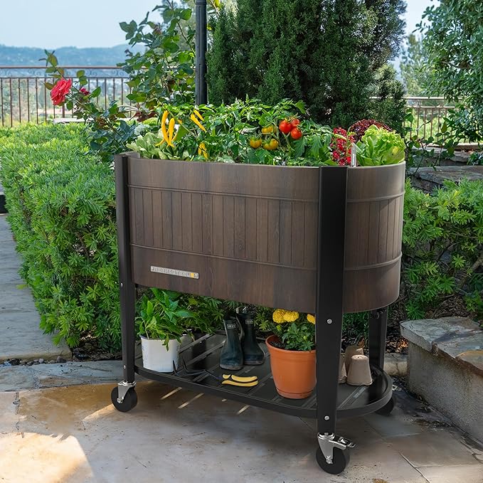 Permasteel Raised Garden Bed with Legs, 40×20×37 in, Planter Box with EnGrow™ TrueSoil™ Technology for Vegetables, Flowers, Herbs, and Fruit, Outdoor Indoor, Storage Shelf, Wood Brown