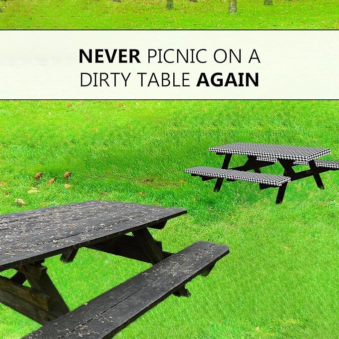 LINPRO 8ft Picnic Table Cover with Bench Covers Vinyl Fitted Picnic Table Covers with Elastic Camping Essentials and Picnic Tablecloth and RV Accessories with Bag
