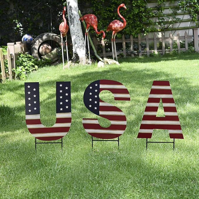 Veclotch 4th of July Metal USA Letter Yard Sign Outdoor Lawn Decor, American Flag USA Letter Patriotic Outdoor Stake for July 4th