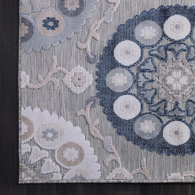 CAMILSON Indoor Outdoor Rug 6x9 Bohemian Medallion Floral Area Rugs for Indoor and Outdoor Patios Easy-Cleaning Non-Shedding Living Room Garden and Kitchen Washable Outside Carpet (6 x 9 / Blue)