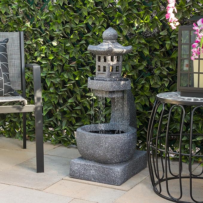 Alpine Corporation DIG370 31" Outdoor Zen Pagoda Water Fountain with LED Lights & Illuminated Stone Bowl – Tranquil Garden Water Feature for Relaxation and Ambiance, Gray
