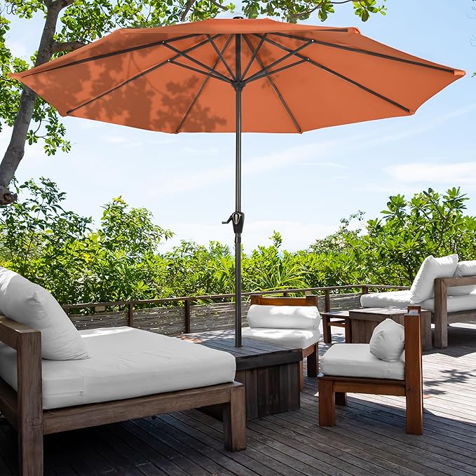 Patio Umbrella with Stand – 9 Ft Easy Crank Sun Shade with 19lb Weighted Base for Deck, Yard, Outdoor Furniture, or Pool by Pure Garden (Terracotta)
