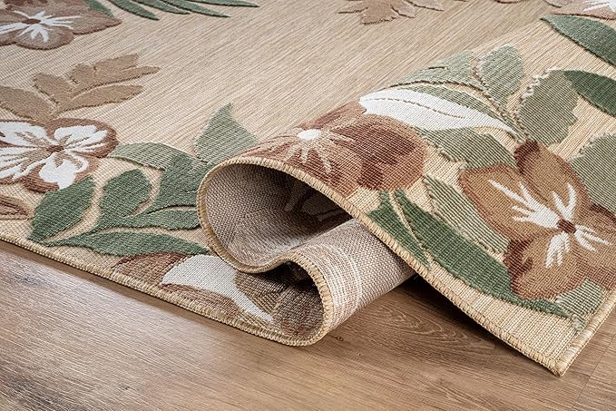 Outdoor Rug 8x10 Washable Area Rugs Indoor Outdoor Carpets Beige Border Floral Non Shedding Waterproof Easy Clean Patio Deck Porch Living Room Bedroom Garden RV (8 X 10 Beige)