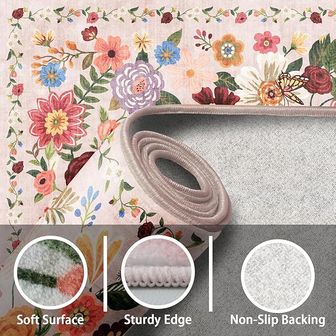 Pink/Beige Area Rugs 9x12 Living Room Washable Rug Non Slip Floral Low Pile Large Rug for Living Room, Bedroom, Farmhouse, Dining Room, Kids Playroom(9 x 12, Beige/Pink Garden)