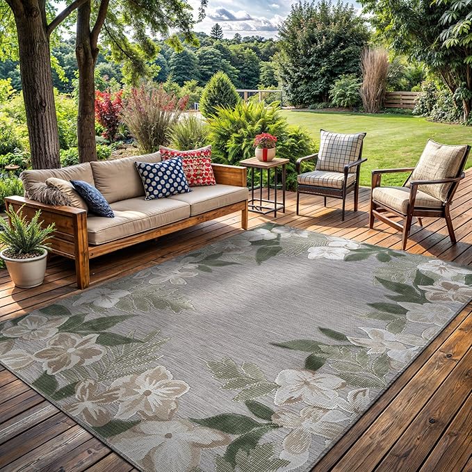 Outdoor Rug 8x10 Washable Area Rugs Indoor Outdoor Carpets Green Border Floral Non Shedding Waterproof Easy Clean Patio Deck Porch Living Room Bedroom Garden RV (8 X 10 Green)