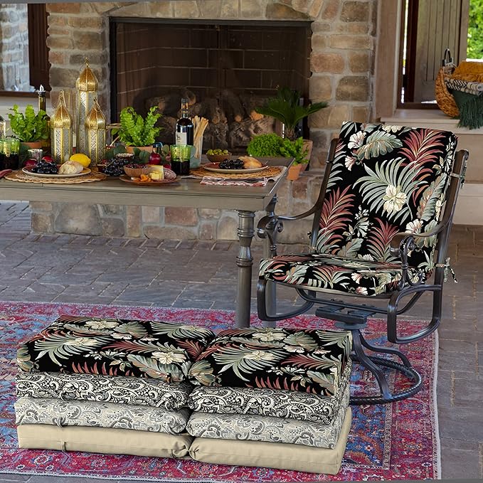 Arden Outdoor Patio Dining Chair Cushion, 20x44, Rain-Proof Seat Pad, Fade-Resistant Outdoor Cushion Simone Black Tropical