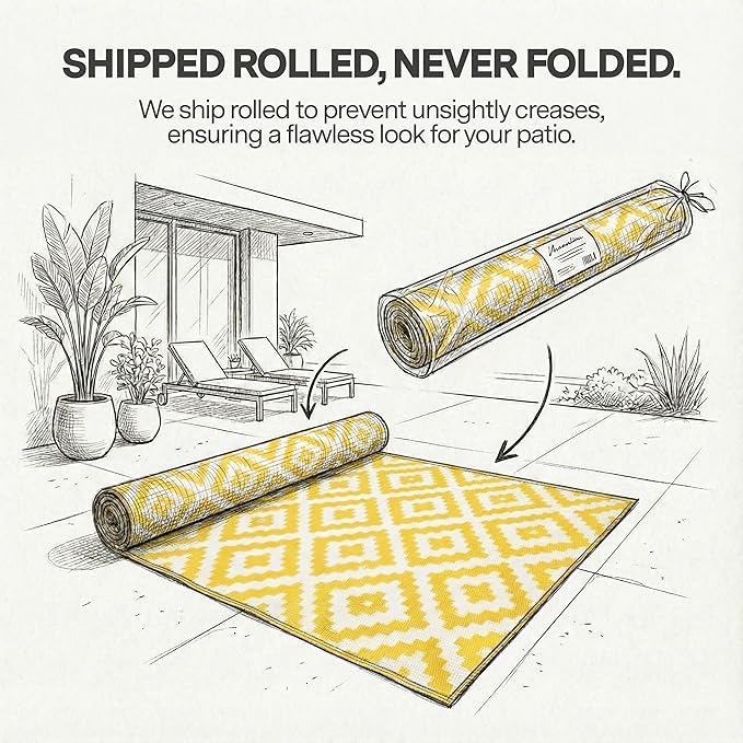 FH Home Outdoor Rug - Waterproof, Fade Resistant, Reversible - Premium Recycled Plastic - Geometric - Patio, Porch, Deck, Balcony - Aztec - Yellow & White Crease Free - 5 x 8 ft