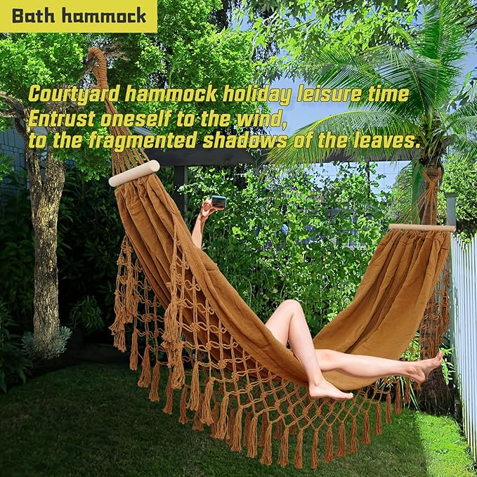 Beautiful Boho Style Hammock,Bohemian Outdoor Portable 1 Person Hammock,for Suitable for Patio, Beach, Garden,Wedding Decor (Khaki)