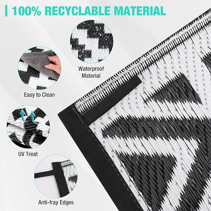 HAUSHOF 5'X8' Outdoor Rug Waterproof, Thickened Outdoor Plastic Straw Rug, Reversible Patio Rug with 4 Rug Stakes, Outdoor Carpet Mat for RV Trip, Camping, Beach, Deck, Porch, Balcony, Black&White