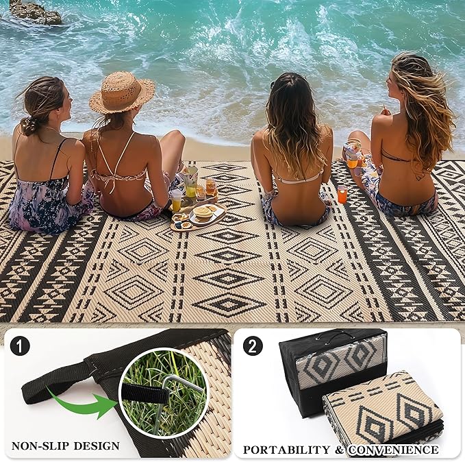 Wallona Outdoor Rugs 8x10 ft Patio Waterproof Clearance Indoor Outdoor Large Carpet for Patio Plastic Straw Reversible Area Rugs Mat for RV, Camping, Balcony, Beach, Picnic, Porch, Boho Black & Beige