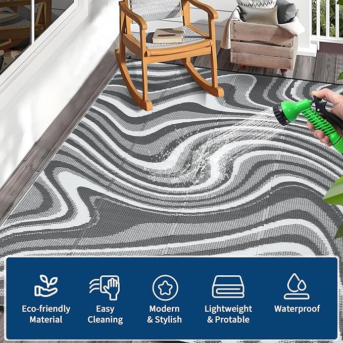 Outdoor Rug 5x8 Waterproof Patio Rugs Modern Abstarct Reversible Mat for Front Door Rv Foldable Plastic Straw Carpet for Travel Trailers, Deck, Porch, Camper, Balcony, Beach，Black/Grey
