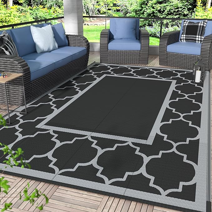 GENIMO Outdoor Rug 9' x 12' Waterproof for Patio Decor, Reversible Plastic Straw Area Rugs Mat for Camper, Outside Carpet for Camping, Rv, Deck, Porch, Picnic, Beach, Balcony, Black & Grey