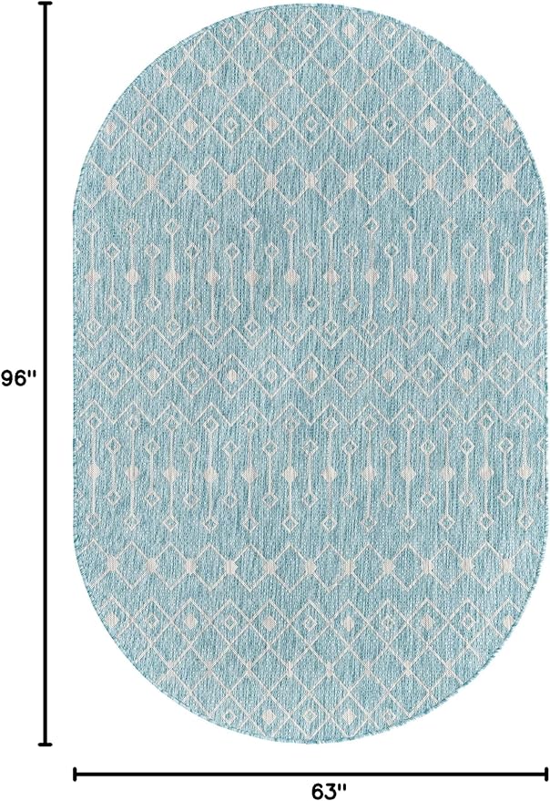 Unique Loom Outdoor Trellis Collection Area Rug - Tribal Trellis (5' 3" x 8' Oval, Aqua/ Ivory)