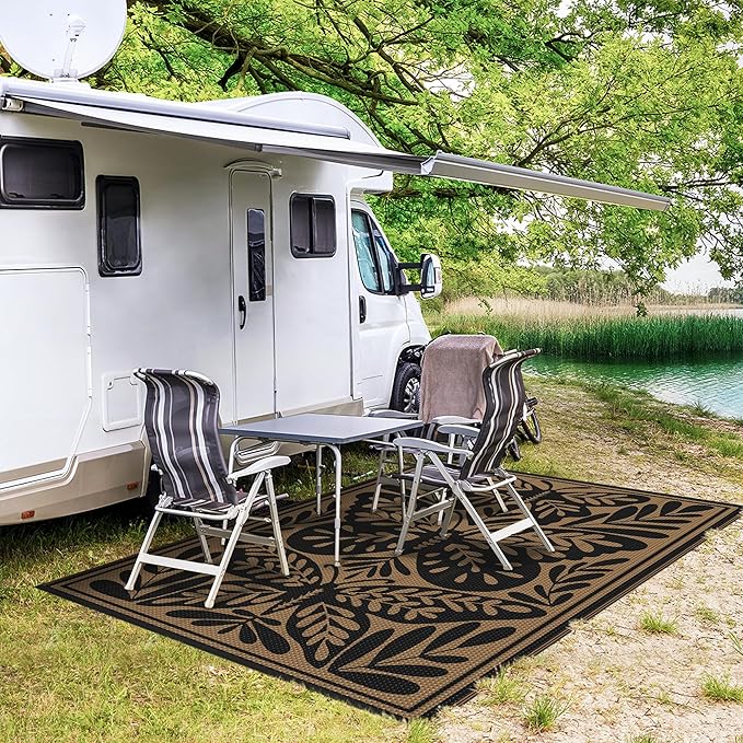 GENIMO Outdoor Rug 6' x 9' Waterproof for Patio Clearance, Reversible Plastic Straw Camping Mat, Lightweight Carpet for Rv, Camper, Deck, Porch, Picnic, Balcony, Beach, H.Black & Brown