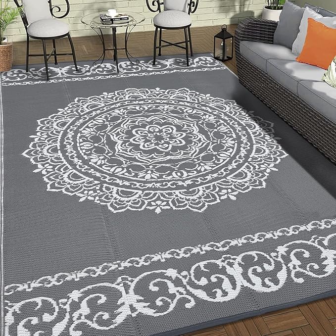 GAOMON Outdoor Patio Rug 8x10 Reversible Camping Mat, Stain-Resistant Plastic Straw Rug, Easy to Clean, Indoor Outdoor Carpet for Porch, Deck, Balcony, Beach, Garden, Grey/White(Medallion)